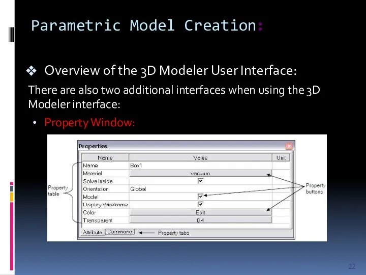 Parametric Model Creation: Overview of the 3D Modeler User Interface: