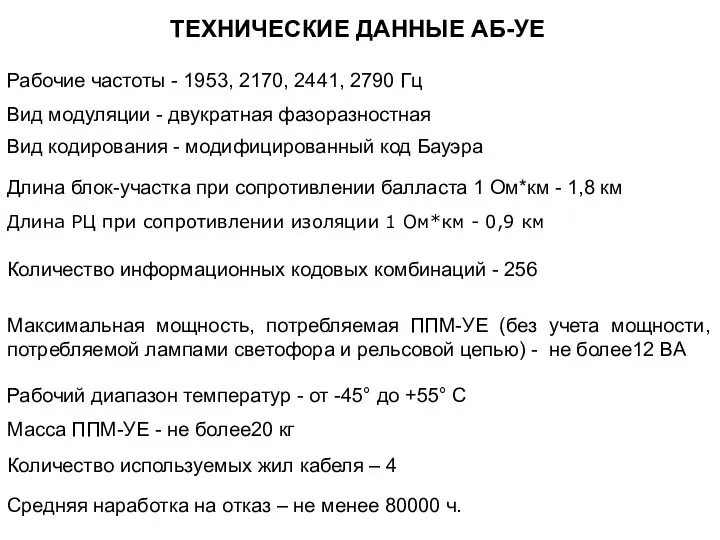 ТЕХНИЧЕСКИЕ ДАННЫЕ АБ-УЕ Рабочие частоты - 1953, 2170, 2441, 2790 Гц Вид модуляции