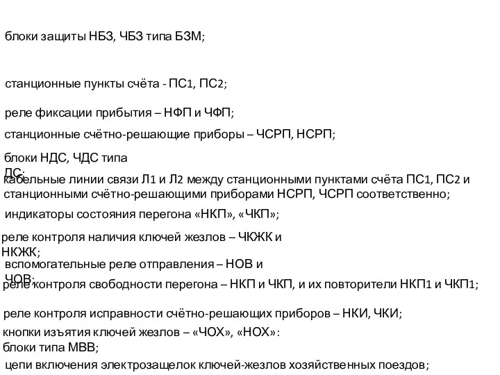 станционные пункты счёта - ПС1, ПС2; станционные счётно-решающие приборы – ЧСРП, НСРП; блоки