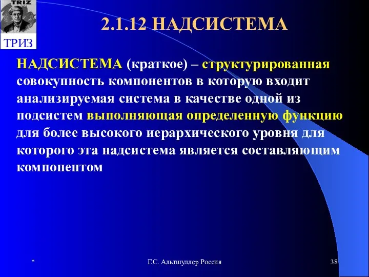 * Г.С. Альтшуллер Россия 2.1.12 НАДСИСТЕМА НАДСИСТЕМА (краткое) – структурированная