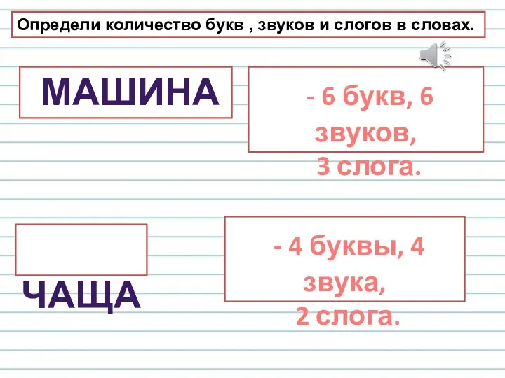 МАШИНА ЧАЩА - 6 букв, 6 звуков, 3 слога. -