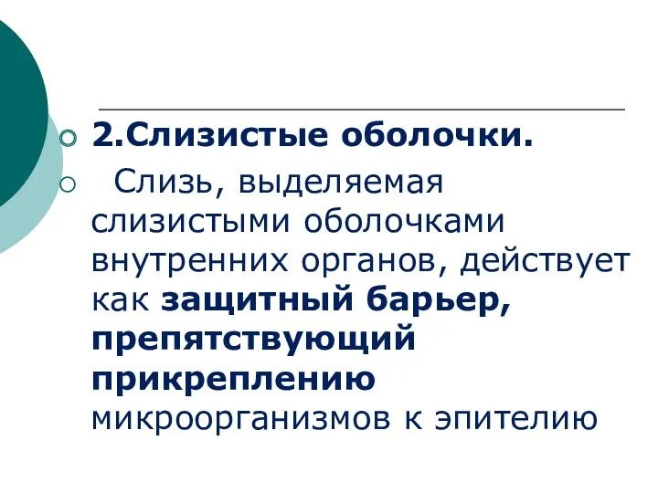 2.Слизистые оболочки. Слизь, выделяемая слизистыми оболочками внутренних органов, действует как защитный барьер, препятствующий