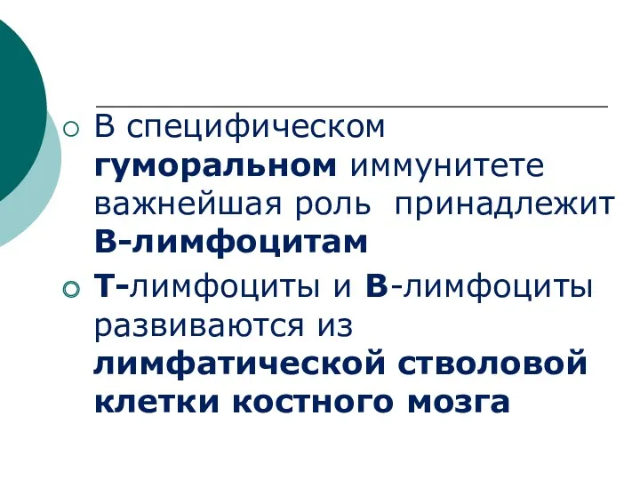 В специфическом гуморальном иммунитете важнейшая роль принадлежит В-лимфоцитам Т-лимфоциты и