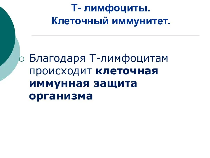 Т- лимфоциты. Клеточный иммунитет. Благодаря Т-лимфоцитам происходит клеточная иммунная защита организма