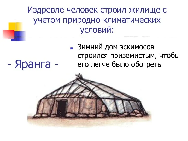 - Яранга - Зимний дом эскимосов строился приземистым, чтобы его