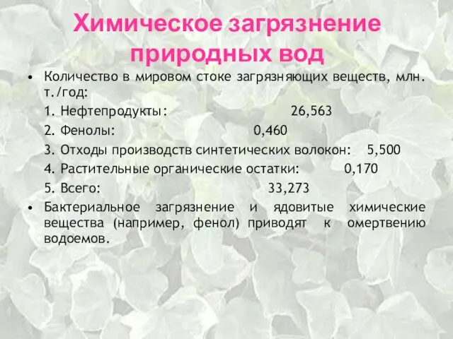 Химическое загрязнение природных вод Количество в мировом стоке загрязняющих веществ,