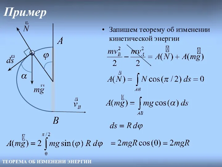 Пример ТЕОРЕМА ОБ ИЗМЕНЕНИ ЭНЕРГИИ Запишем теорему об изменении кинетической энергии