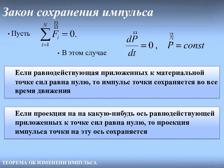 Закон сохранения импульса ТЕОРЕМА ОБ ИЗМЕНЕНИ ИМПУЛЬСА Пусть В этом