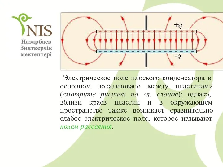 Электрическое поле плоского конденсатора в основном локализовано между пластинами (смотрите