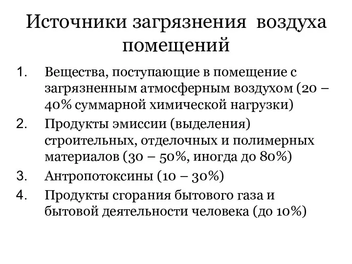 Источники загрязнения воздуха помещений Вещества, поступающие в помещение с загрязненным