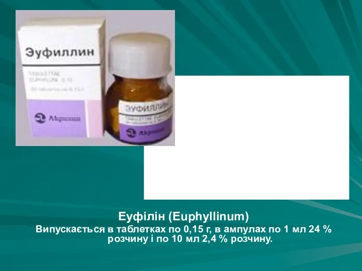 Еуфілін (Euphуllinum) Випускається в таблетках по 0,15 г, в ампулах по 1 мл