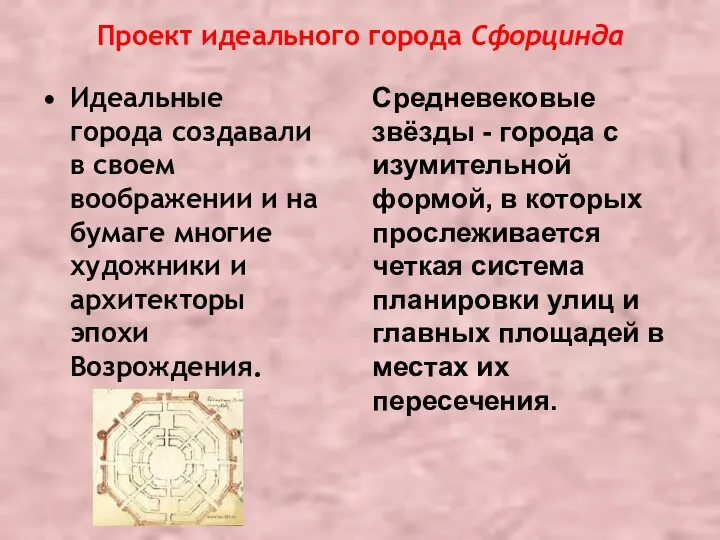 Проект идеального города Сфорцинда Идеальные города создавали в своем воображении