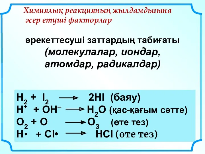 әрекеттесуші заттардың табиғаты (молекулалар, иондар, атомдар, радикалдар) Н2 + I2
