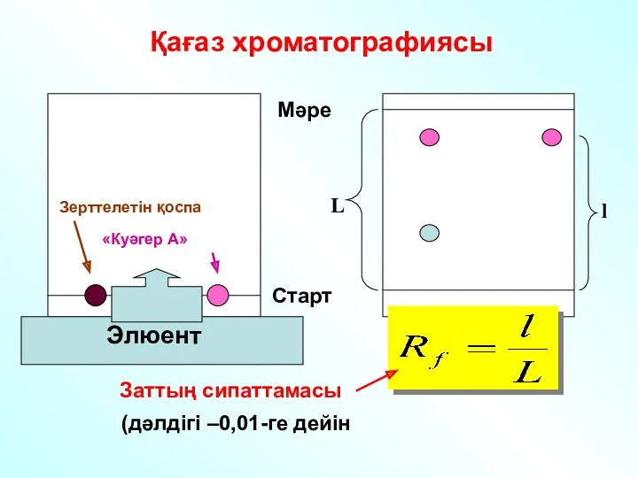 Зерттелетін қоспа «Куәгер A» Элюент Қағаз хроматографиясы Мәре Старт L l Заттың сипаттамасы (дәлдігі –0,01-ге дейін