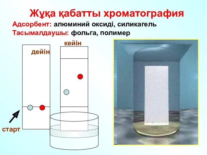 Жұқа қабатты хроматография дейін старт кейін Тасымалдаушы: фольга, полимер Адсорбент: алюминий оксиді, силикагель