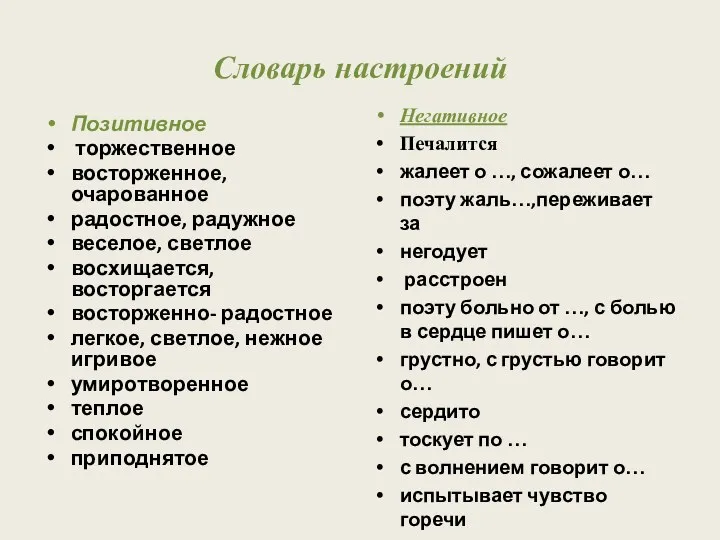 Словарь настроений Позитивное торжественное восторженное, очарованное радостное, радужное веселое, светлое