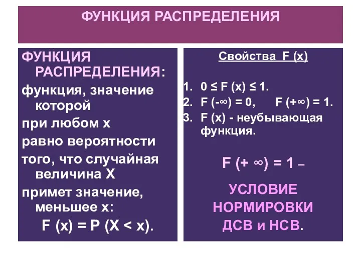 ФУНКЦИЯ РАСПРЕДЕЛЕНИЯ ФУНКЦИЯ РАСПРЕДЕЛЕНИЯ: функция, значение которой при любом х