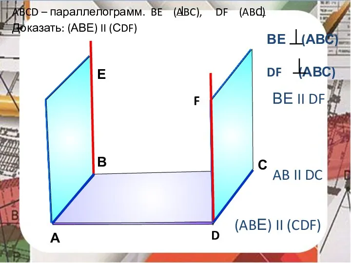 ABCD – параллелограмм. BE (ABC), DF (ABC) Доказать: (АВЕ) II