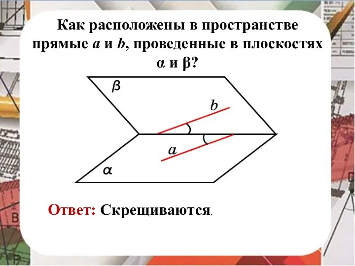 Ответ: Скрещиваются. Как расположены в пространстве прямые a и b, проведенные в плоскостях α и β?