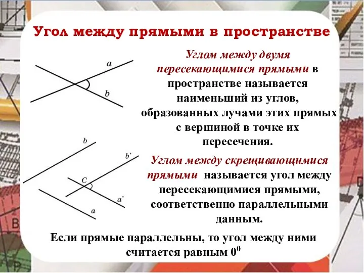 Угол между прямыми в пространстве Углом между двумя пересекающимися прямыми