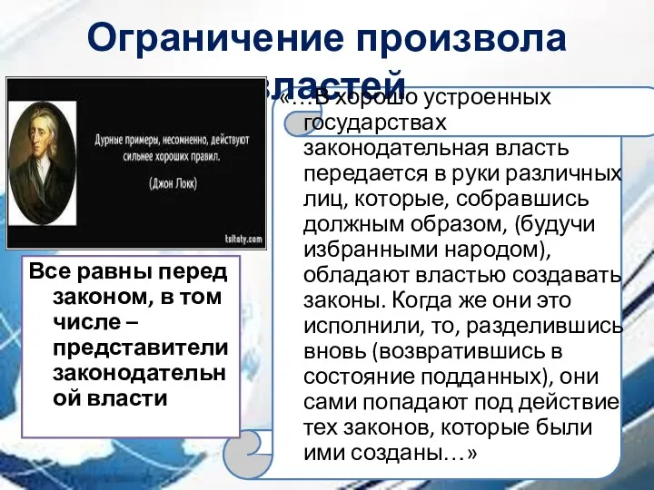 Ограничение произвола властей Все равны перед законом, в том числе