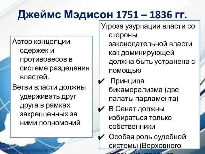 Джеймс Мэдисон 1751 – 1836 гг. Автор концепции сдержек и