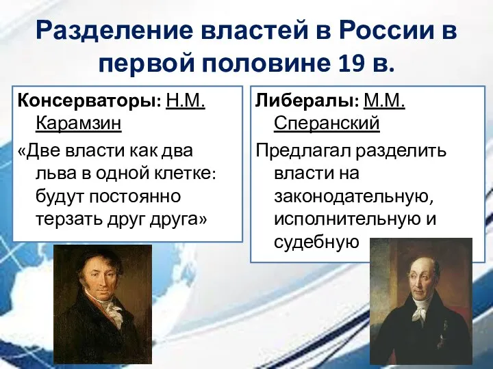 Разделение властей в России в первой половине 19 в. Консерваторы: