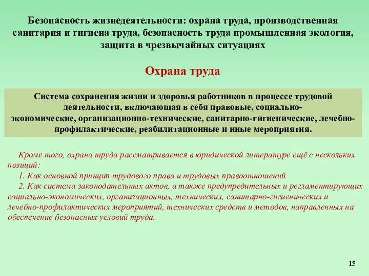 Безопасность жизнедеятельности: охрана труда, производственная санитария и гигиена труда, безопасность