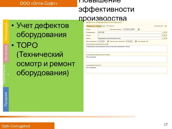 Учет дефектов оборудования ТОРО (Технический осмотр и ремонт оборудования) Повышение эффективности производства Продажи Производство Логистика Интеграция