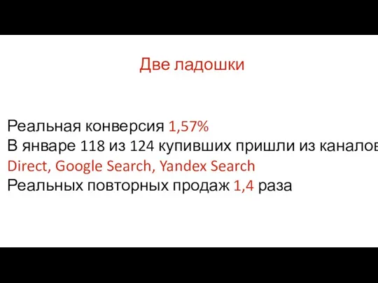 Две ладошки Реальная конверсия 1,57% В январе 118 из 124