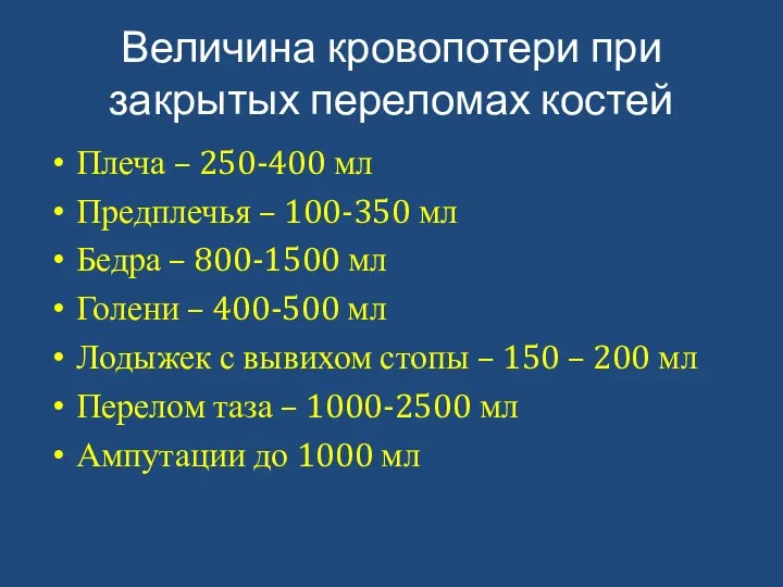 Величина кровопотери при закрытых переломах костей Плеча – 250-400 мл