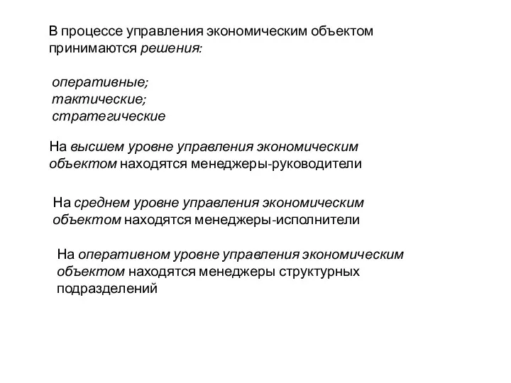 В процессе управления экономическим объектом принимаются решения: оперативные; тактические; стратегические