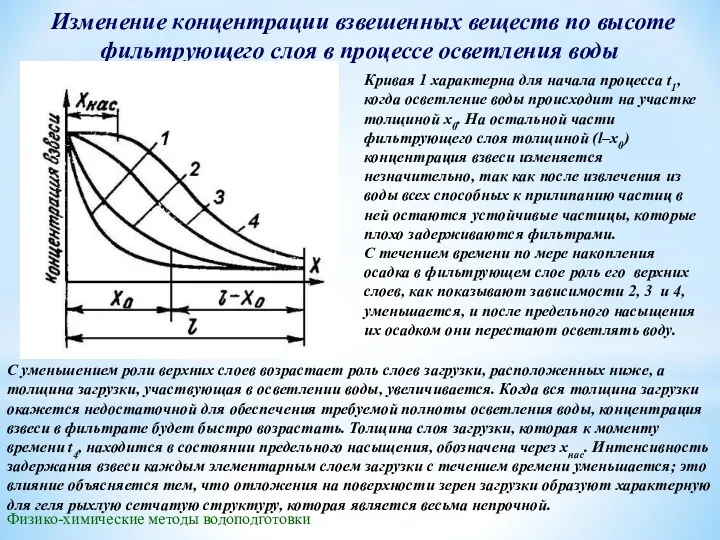 Изменение концентрации взвешенных веществ по высоте фильтрующего слоя в процессе
