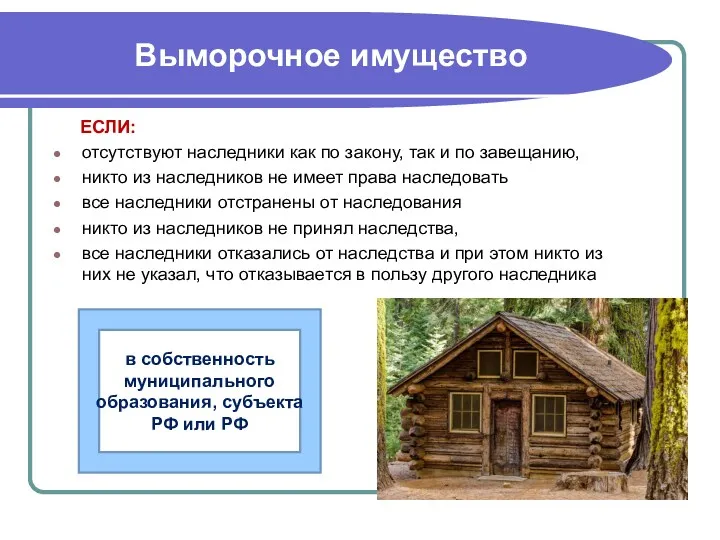 Выморочное имущество ЕСЛИ: отсутствуют наследники как по закону, так и по завещанию, никто