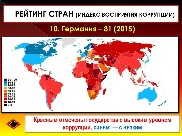 РЕЙТИНГ СТРАН (ИНДЕКС ВОСПРИЯТИЯ КОРРУПЦИИ) Красным отмечены государства с высоким