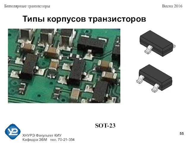 ХНУРЭ Факультет КИУ Кафедра ЭВМ тел. 70-21-354 Биполярные транзисторы Весна 2016 Типы корпусов транзисторов SOT-23