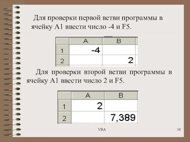 Для проверки первой ветви программы в ячейку А1 ввести число -4 и F5.