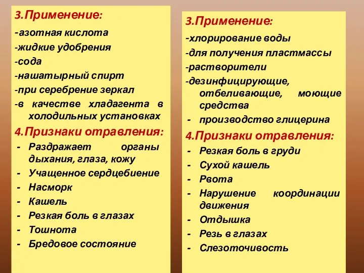 3.Применение: -азотная кислота -жидкие удобрения -сода -нашатырный спирт -при серебрение