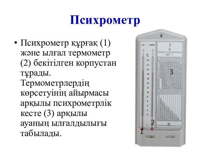 Психрометр Психрометр құрғақ (1) және ылғал термометр (2) бекітілген корпустан