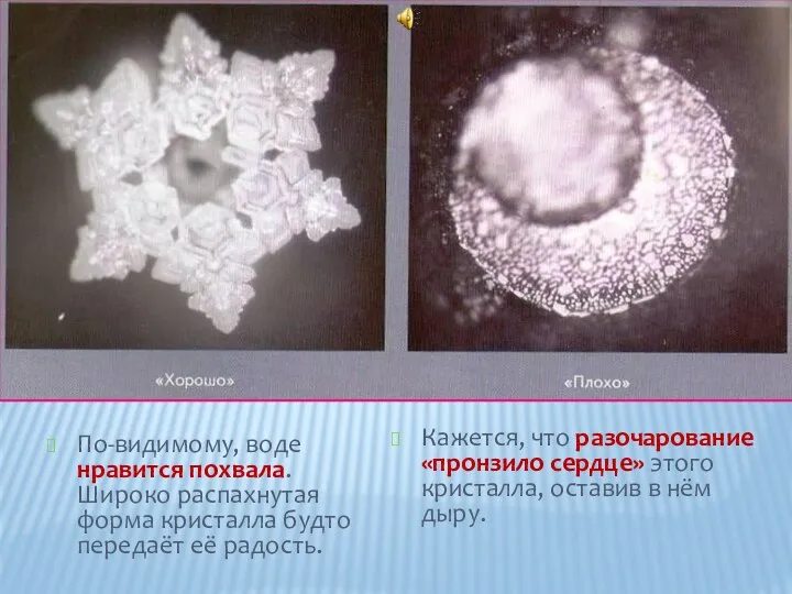 По-видимому, воде нравится похвала. Широко распахнутая форма кристалла будто передаёт