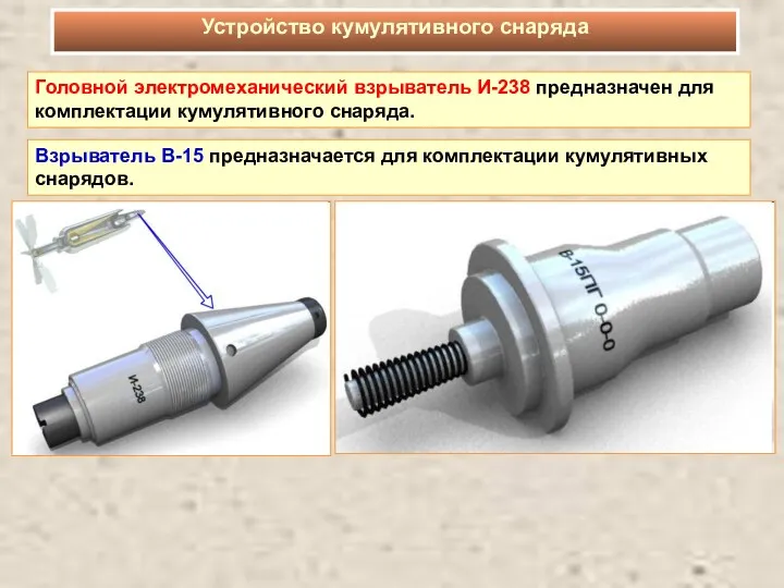 Устройство кумулятивного снаряда Головной электромеханический взрыватель И-238 предназначен для комплектации