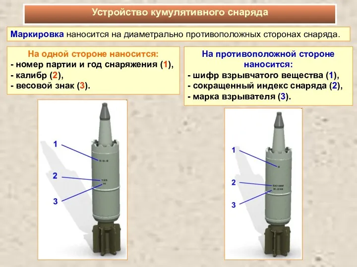 Маркировка наносится на диаметрально противоположных сторонах снаряда. На одной стороне