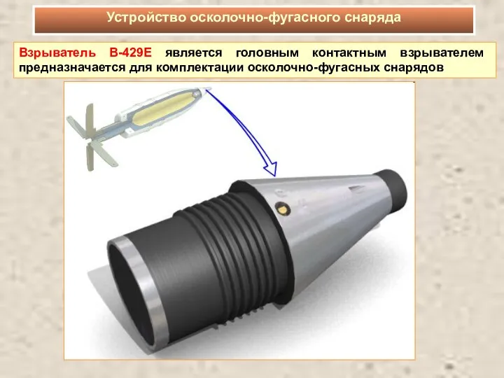 Устройство осколочно-фугасного снаряда Взрыватель В-429Е является головным контактным взрывателем предназначается для комплектации осколочно-фугасных снарядов