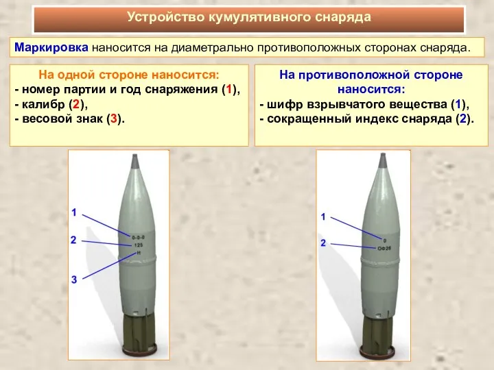 Маркировка наносится на диаметрально противоположных сторонах снаряда. На одной стороне