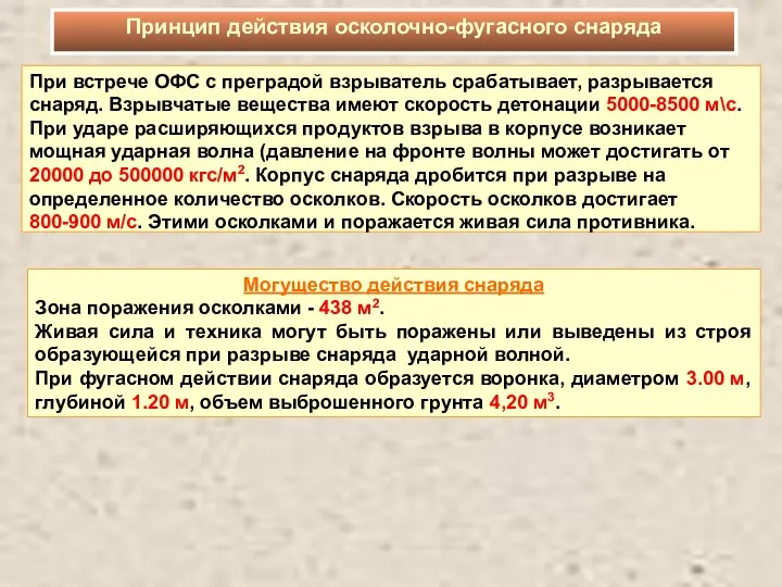 При встрече ОФС с преградой взрыватель срабатывает, разрывается снаряд. Взрывчатые