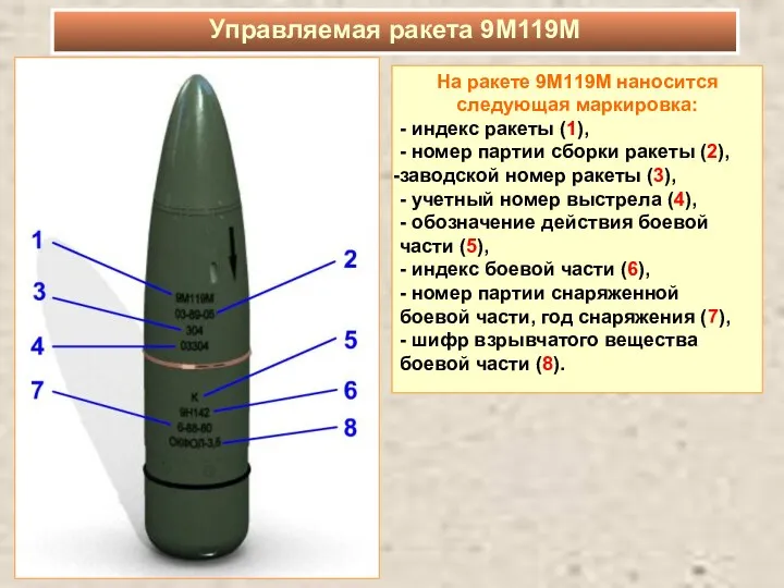 На ракете 9М119М наносится следующая маркировка: - индекс ракеты (1),