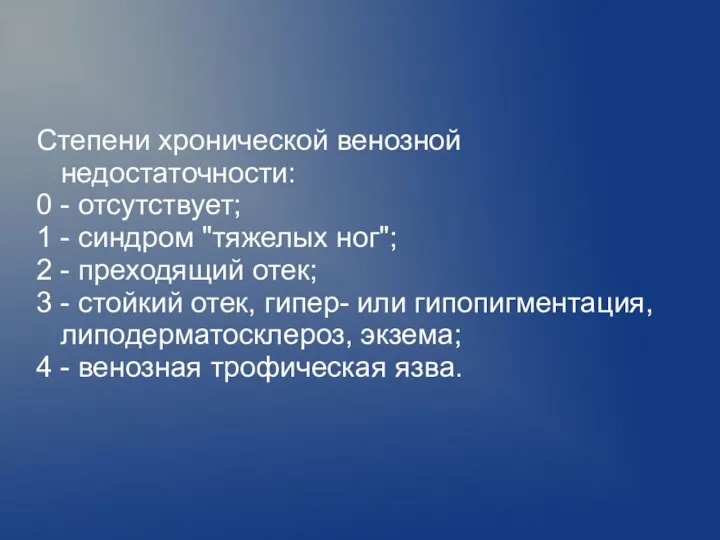 Степени хронической венозной недостаточности: 0 - отсутствует; 1 - синдром