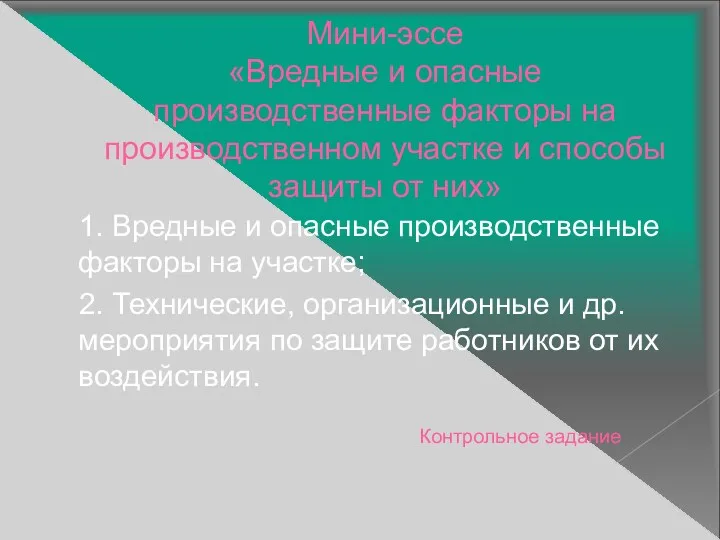 Мини-эссе «Вредные и опасные производственные факторы на производственном участке и