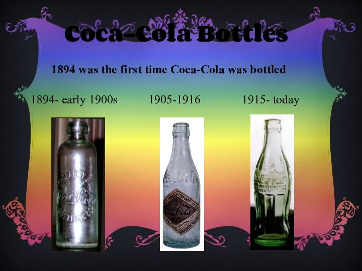 Coca-Cola Bottles 1894 was the first time Coca-Cola was bottled 1894- early 1900s 1905-1916 1915- today