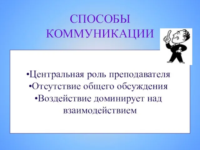 СПОСОБЫ КОММУНИКАЦИИ Центральная роль преподавателя Отсутствие общего обсуждения Воздействие доминирует над взаимодействием